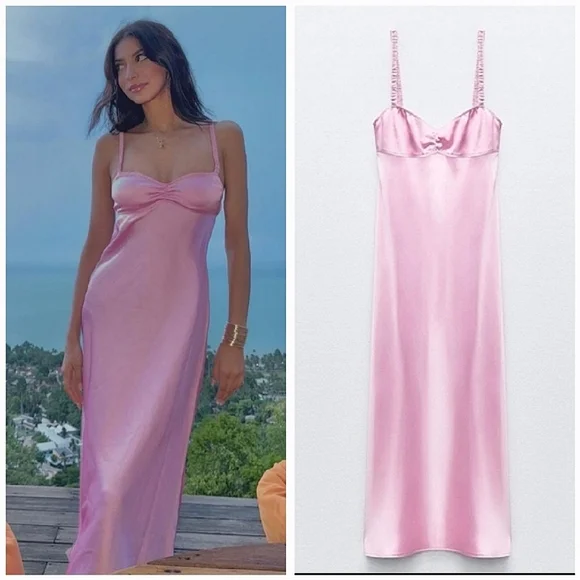 ZARA SATIN EFFECT MIDI SLIP DRESS PINK Size S M - Picture 5 of 16
